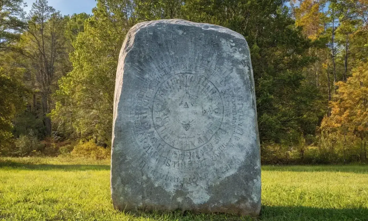A digitally recreated vandalized image portrays the Georgia Guidestones mysteries