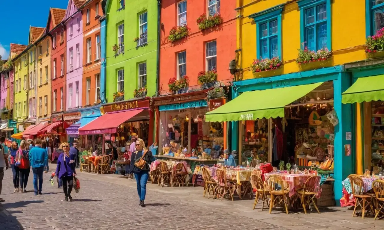 Vibrant street life features quirky businesses and lively characters